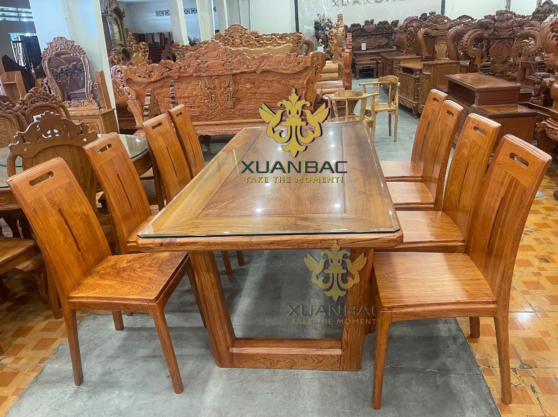 Bàn Ăn Hiện Đại 8 Ghế Gỗ Hương Đá Chân Chữ U