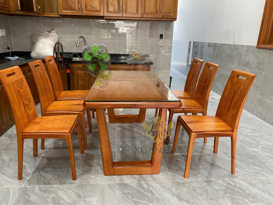 Bàn Ăn 6 Ghế Gỗ Hương Đá Hiện Đại Chân Chữ U