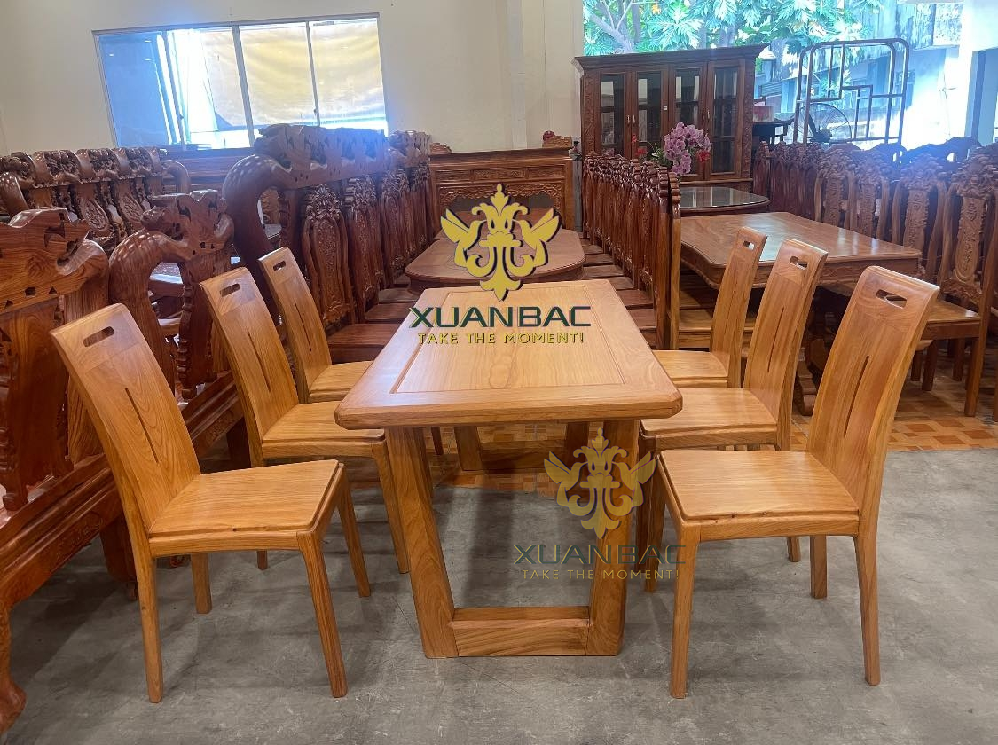 Bàn Ăn Hiện Đại 6 Ghế Gỗ Gõ Đỏ Chân Chữ U
