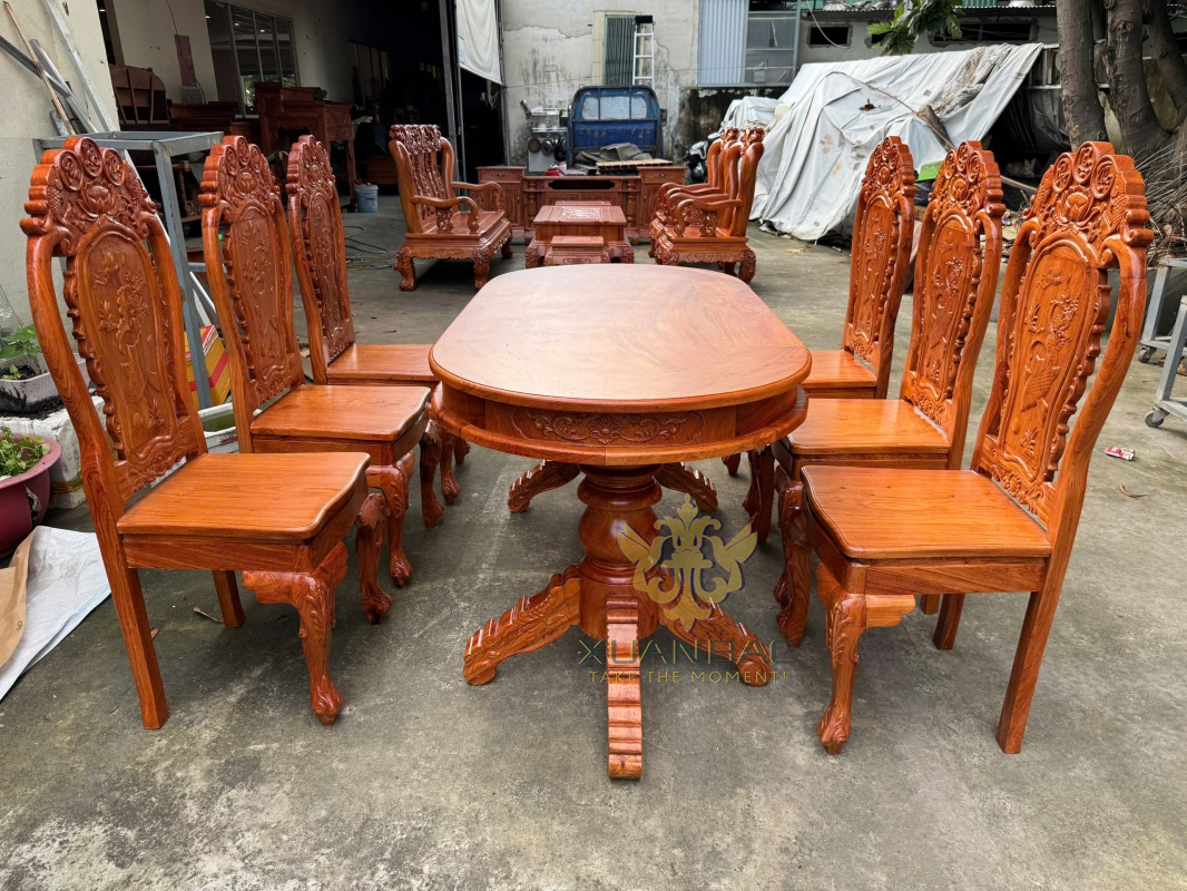 Bàn Ăn Ovan 8 Ghế Gỗ Hương Đá 
