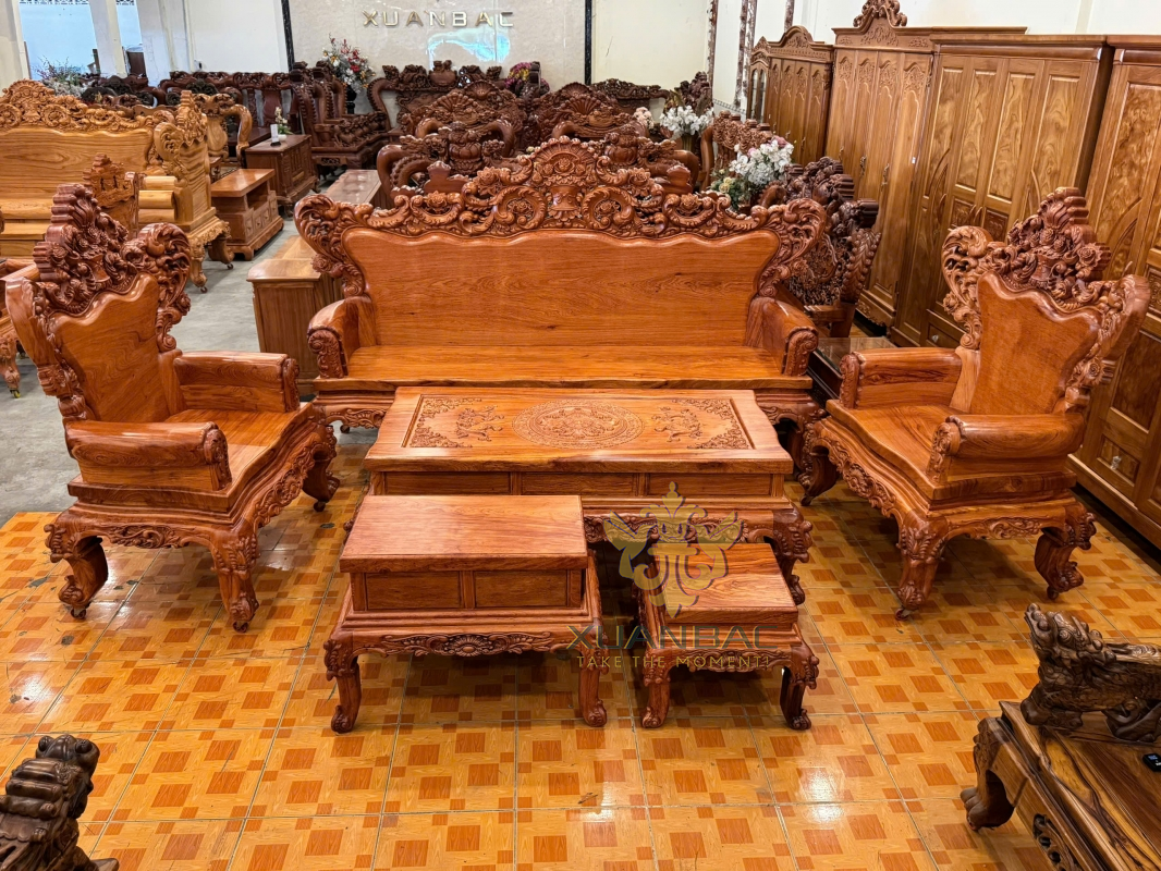 Bộ Bàn Ghế Hoàng Gia Nguyên Khối Gỗ Hương Đá 6 Món