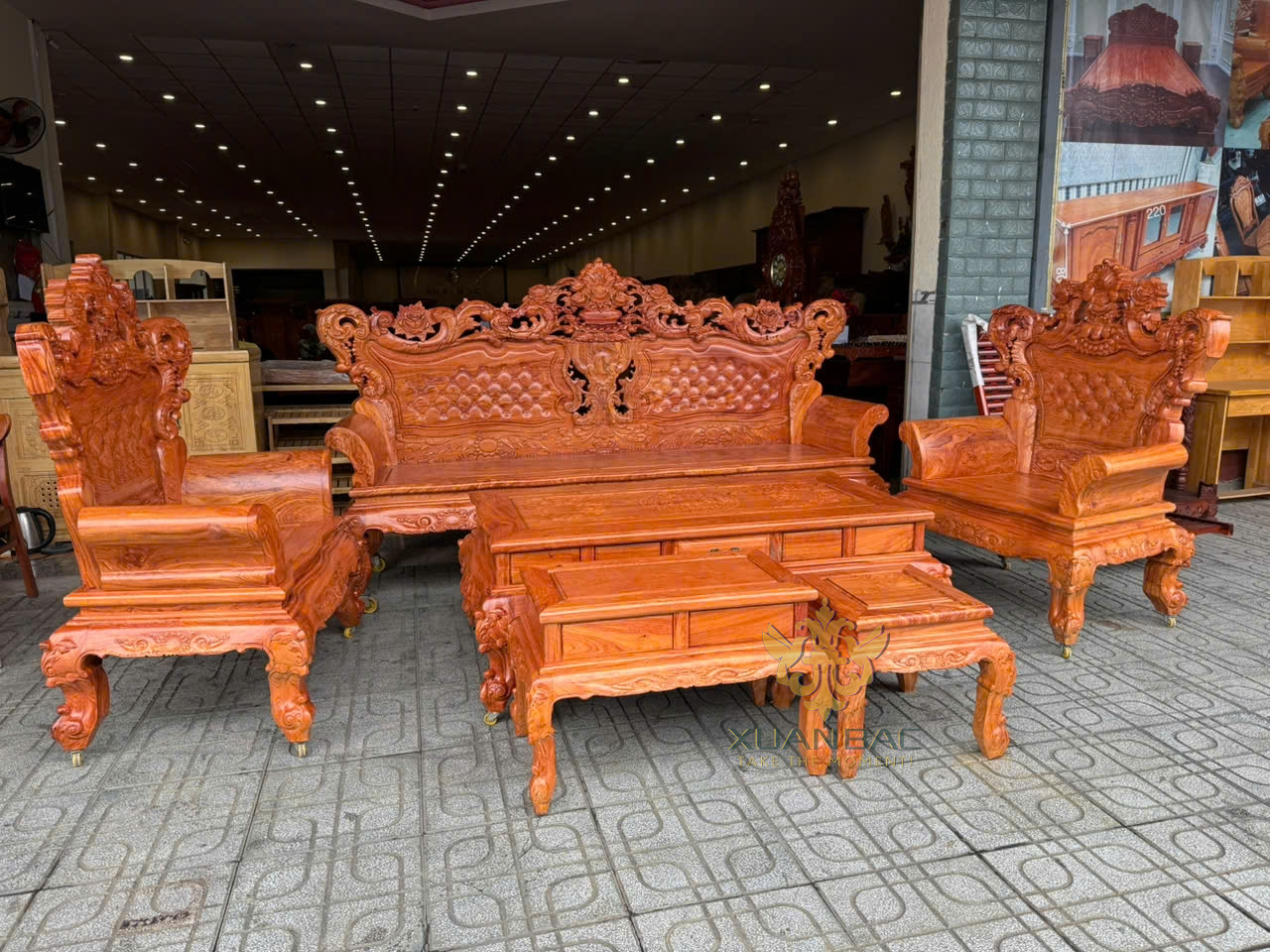 Bộ Bàn Ghế Hoàng Gia Tân Cỗ Điển Chân 12 Gỗ Hương Đá 6 Món Tựa Chạm