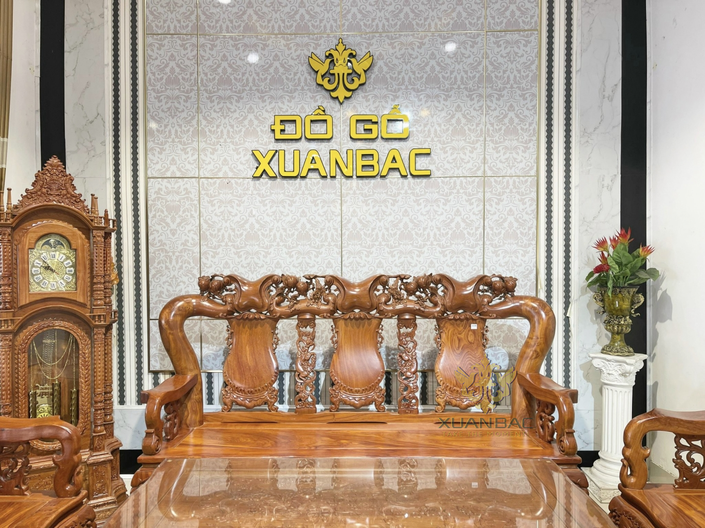 Bộ Bàn Ghế Minh Quốc Đào Cột 16 Gỗ Hương Đá 6 Món