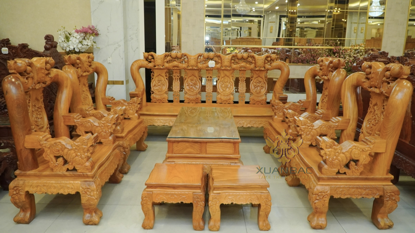Bộ Bàn Ghế Minh Quốc Đào Tay Nghê Cột 14 gỗ Gỗ Đỏ 10 Món