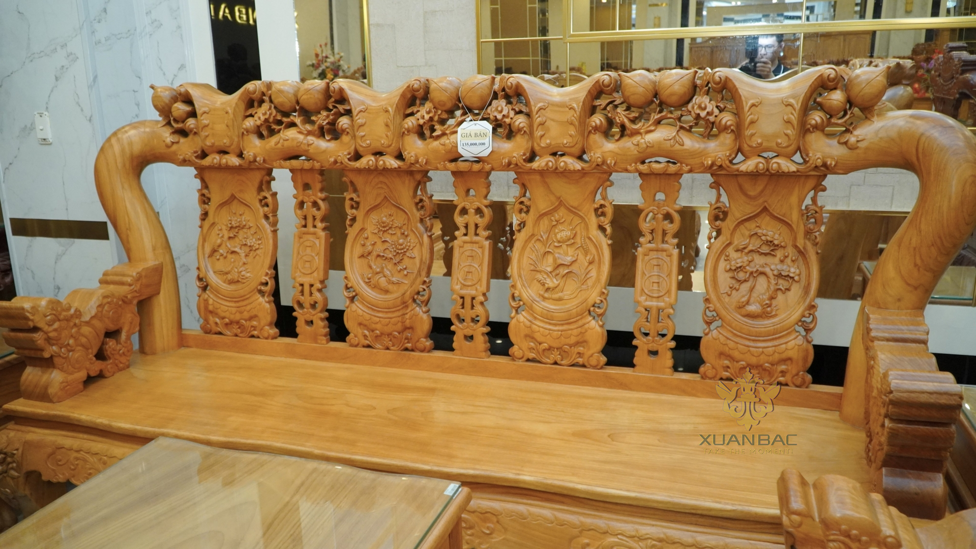 Bộ Bàn Ghế Minh Quốc Đào Tay Nghê Cột 14 gỗ Gỗ Đỏ 10 Món