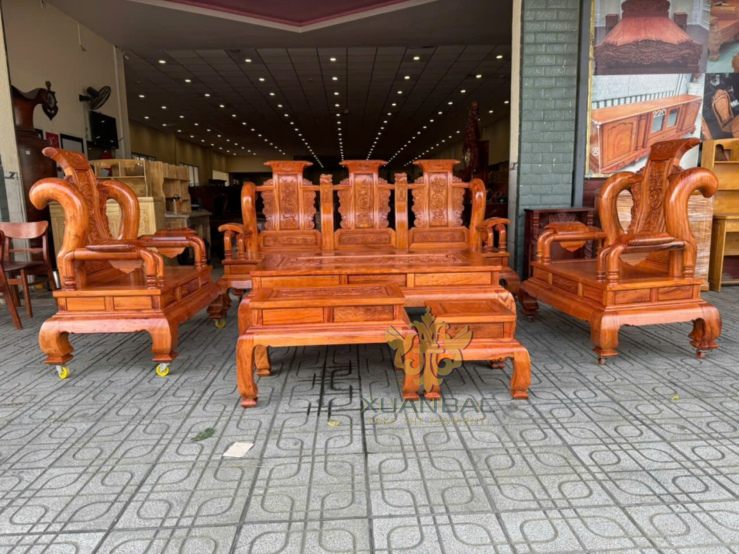 Bộ Bàn Ghế Phòng Khách Tần Thủy Hoàng Cột 12 Gỗ Hương Đá 6 món